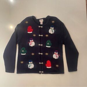 Women’s Navy Holiday Snowman Cardigan Sweater